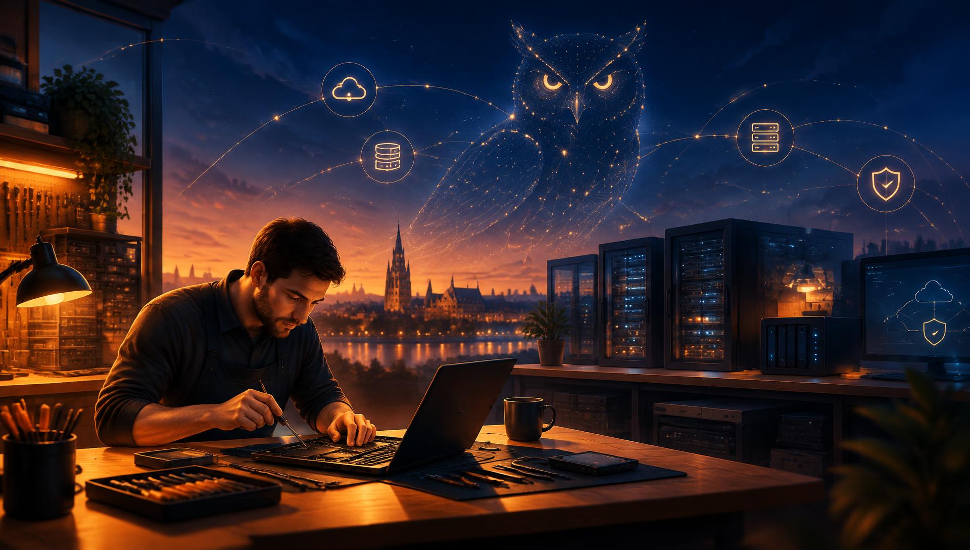 L'atelier de PC Dépannage la nuit, veillé par la constellation d'Athéna : notre système d'intelligence artificielle surveille serveurs et sauvegardes