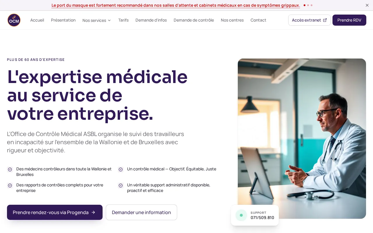 Site web controlemedical.be réalisé par PC Dépannage Courcelles